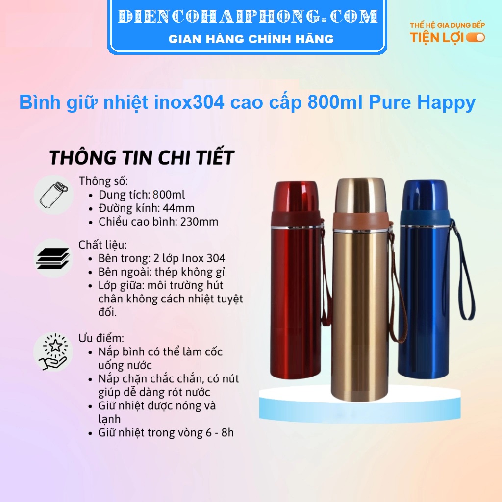 Bình giữ nhiệt inox304 cao cấp 800ml Pure Happy