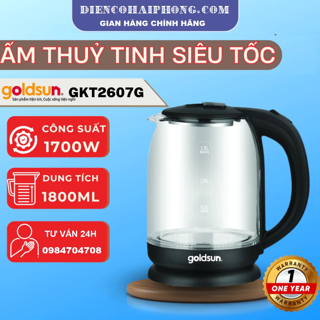 Ấm siêu tốc thủy tinh 1,8L Goldsun GKT2601G