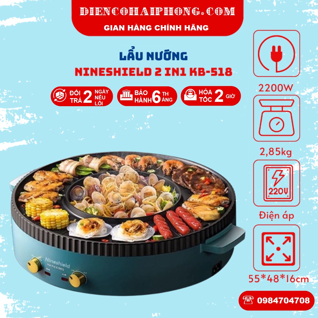 Nồi Lẩu Nướng Điện Đa Năng 2 trong 1 tròn loại to Nineshield KB-518