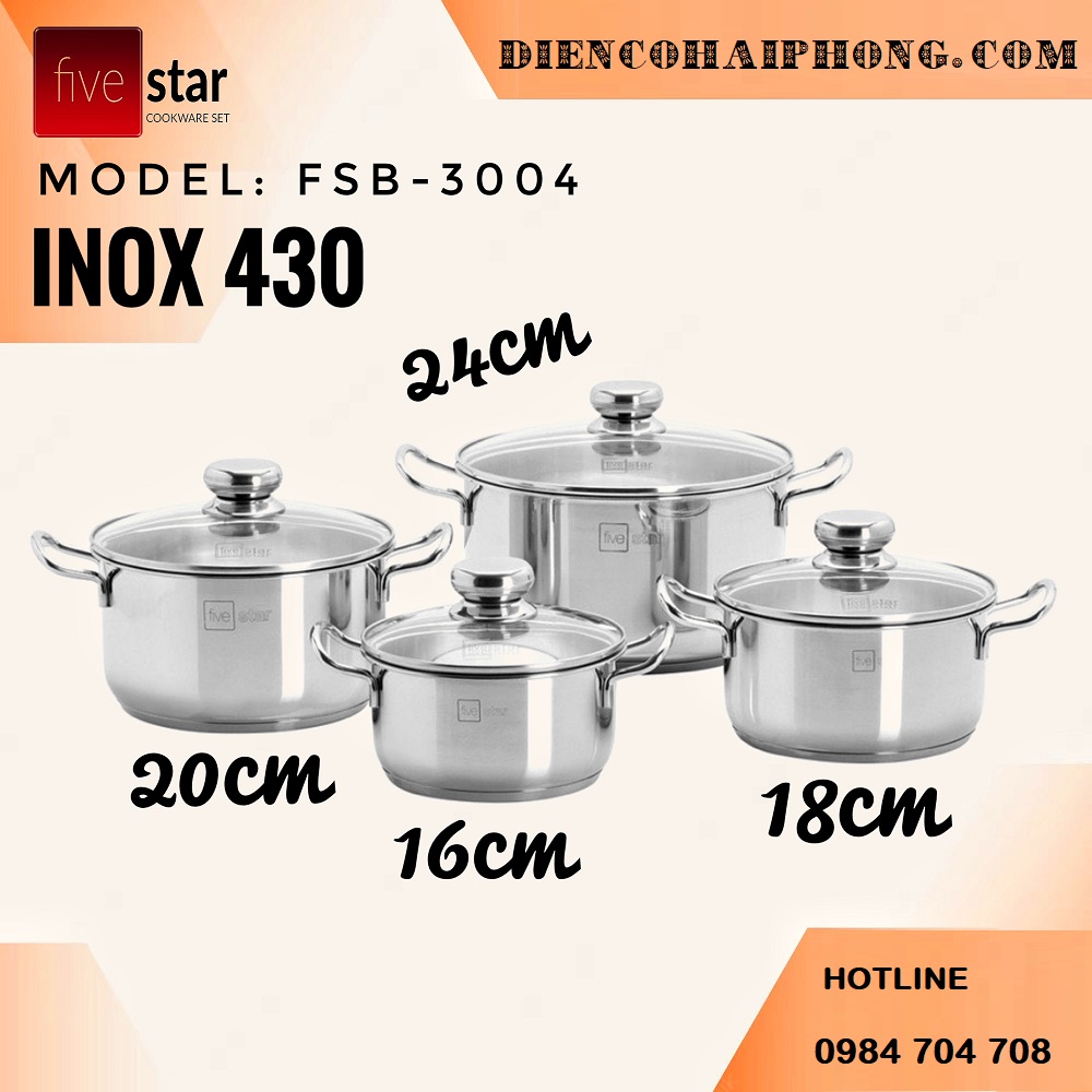 Bộ 4 Nồi Inox Fivestar 3 Đáy Vung Kính