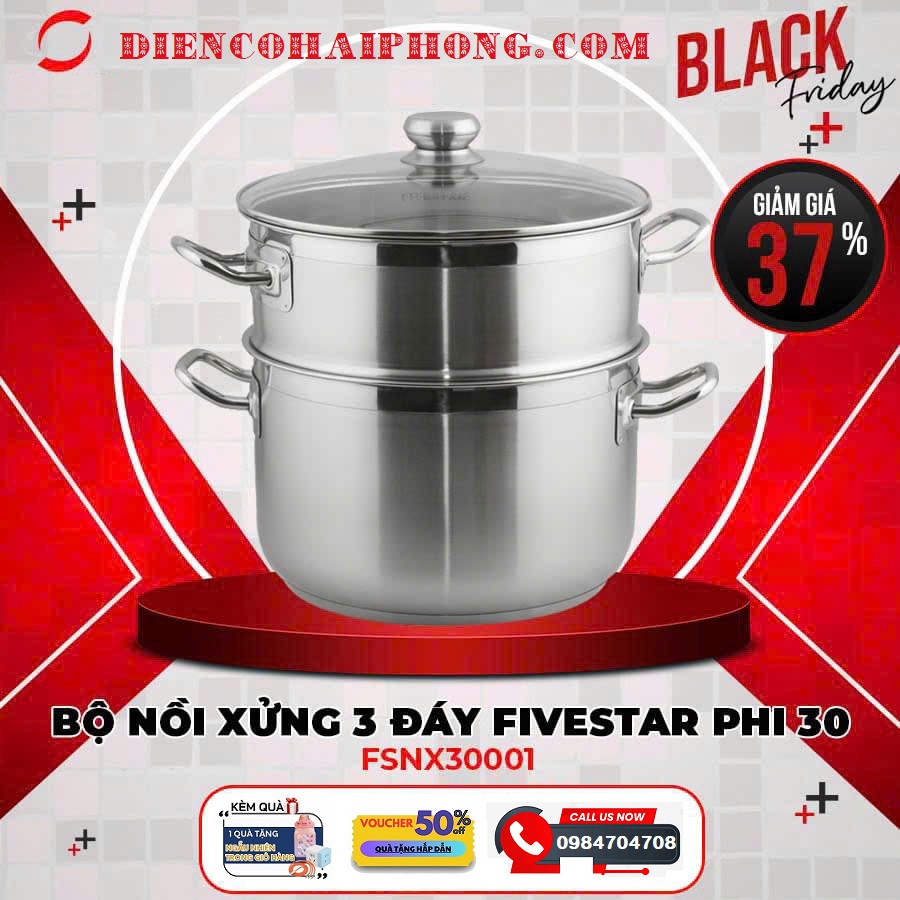 Bộ Nồi Xửng Hấp Inox 3 Đáy Fivestar 30cm Dùng Bếp Từ