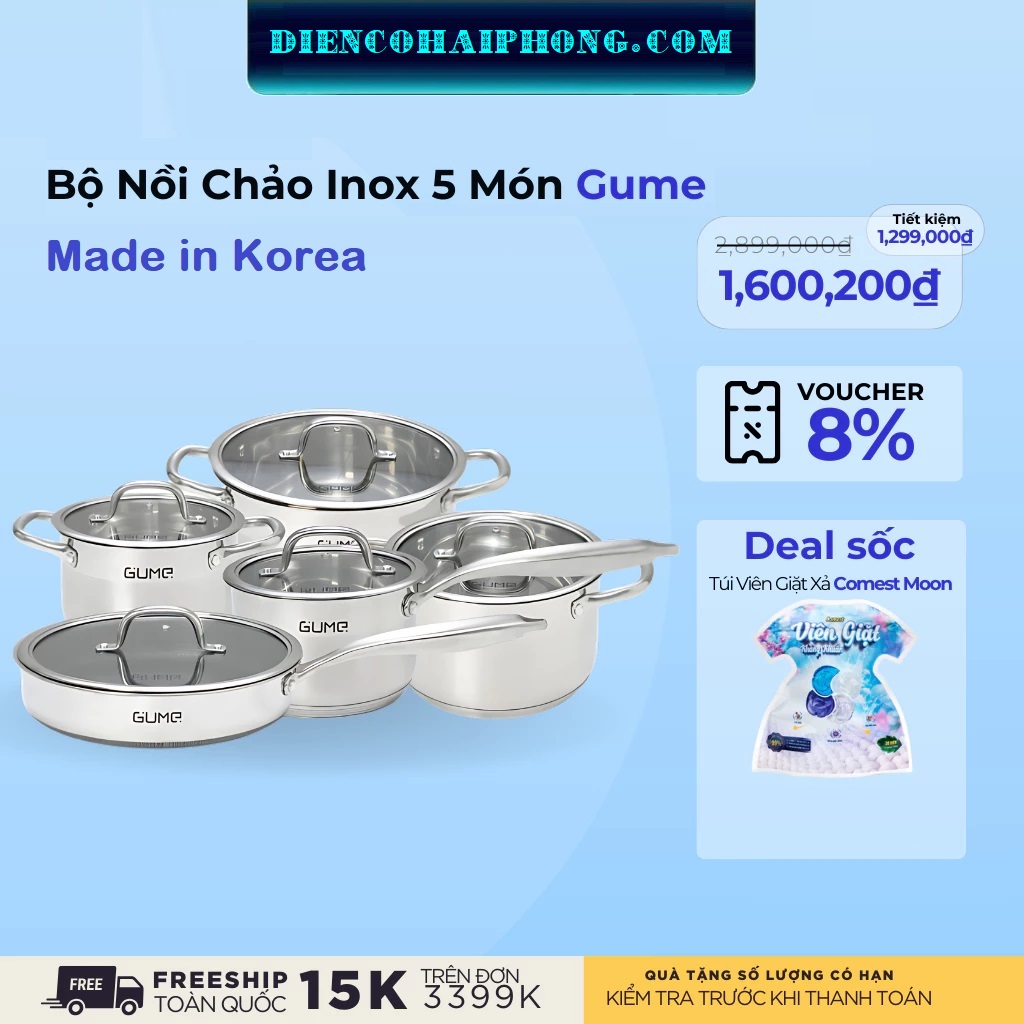 Bộ nồi chảo inox Gume Hàn Quốc cao cấp 5 món