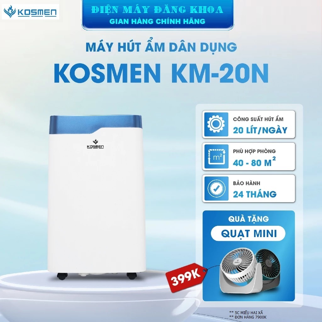 Máy Hút Ẩm 20L Kosmen KM-20N phòng dưới 75m2 ( TẶNG QUẠT )