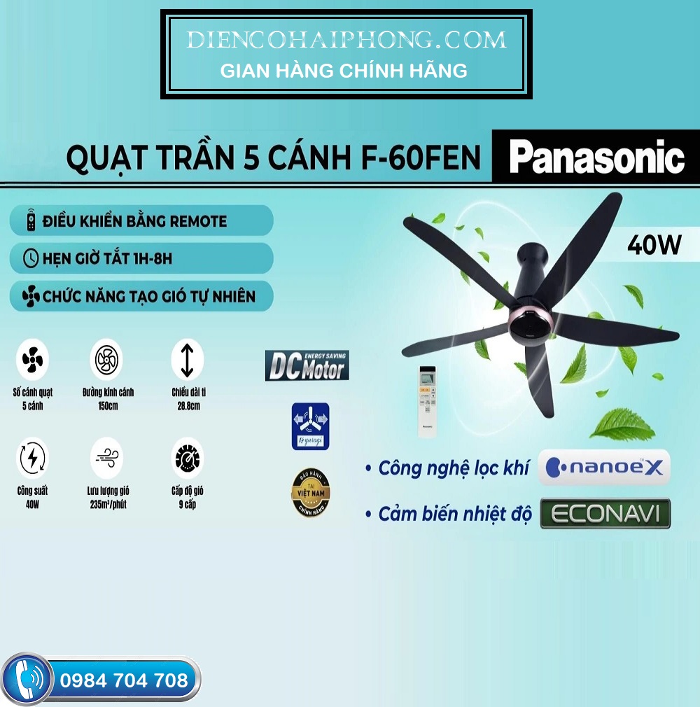 Quạt Trần 5 Cánh Panasonic F-60FEN Có Nanoe-X, Econavi