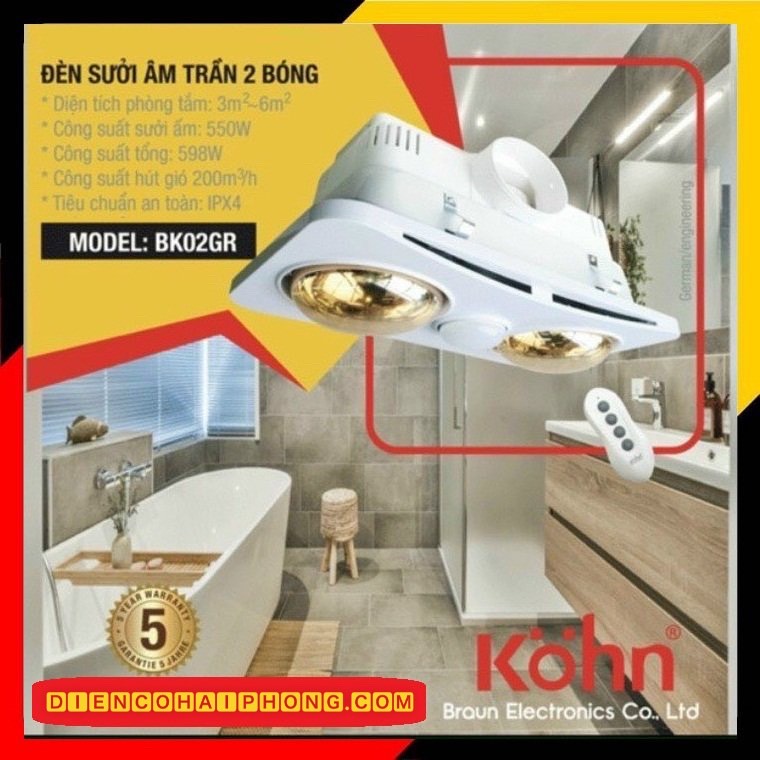 Đèn Sưởi Nhà Tắm 2 Bóng Braun Kohn BK02GR 550W (có điều khiển)