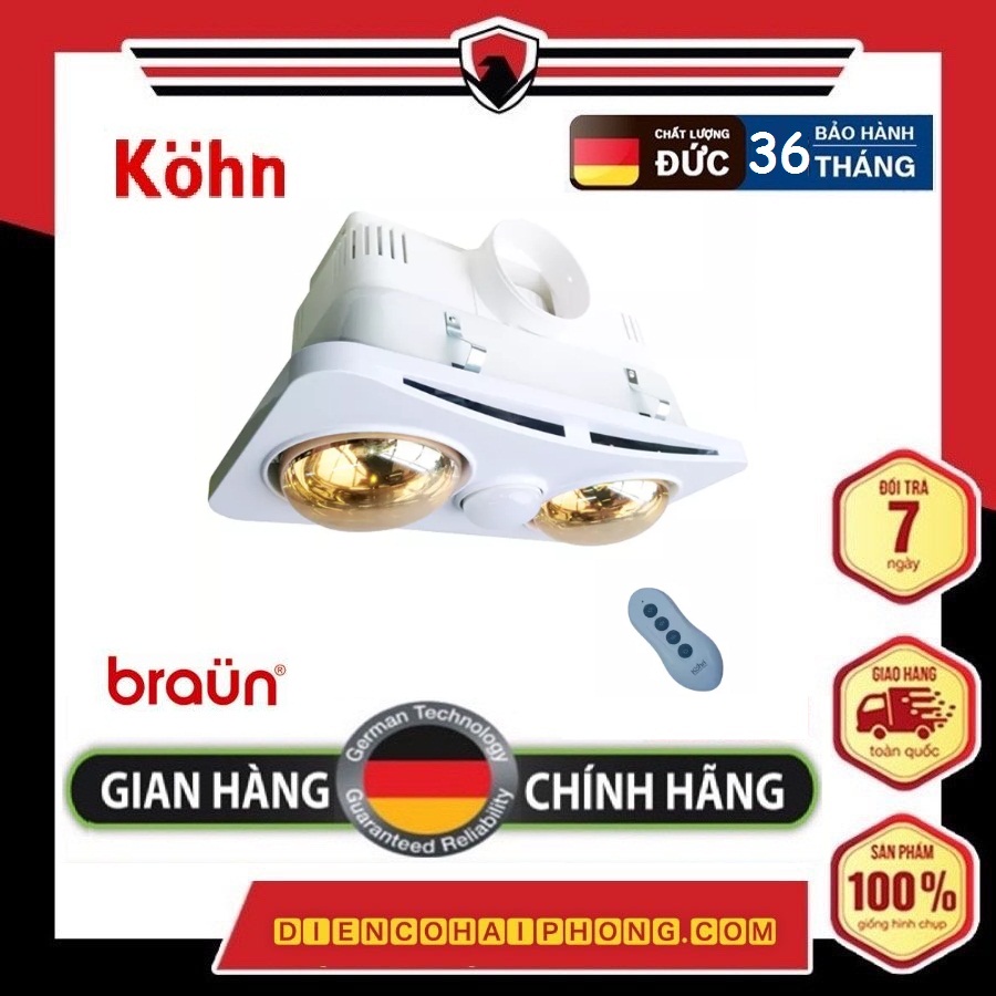 Đèn sưởi nhà tắm 2 bóng âm trần Braun Kohn BK02GR ( có khiển )