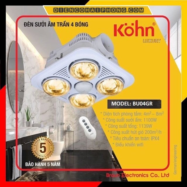 Đèn sưởi nhà tắm Braun Kohn 4 bóng âm trần có điều khiển BU04GR
