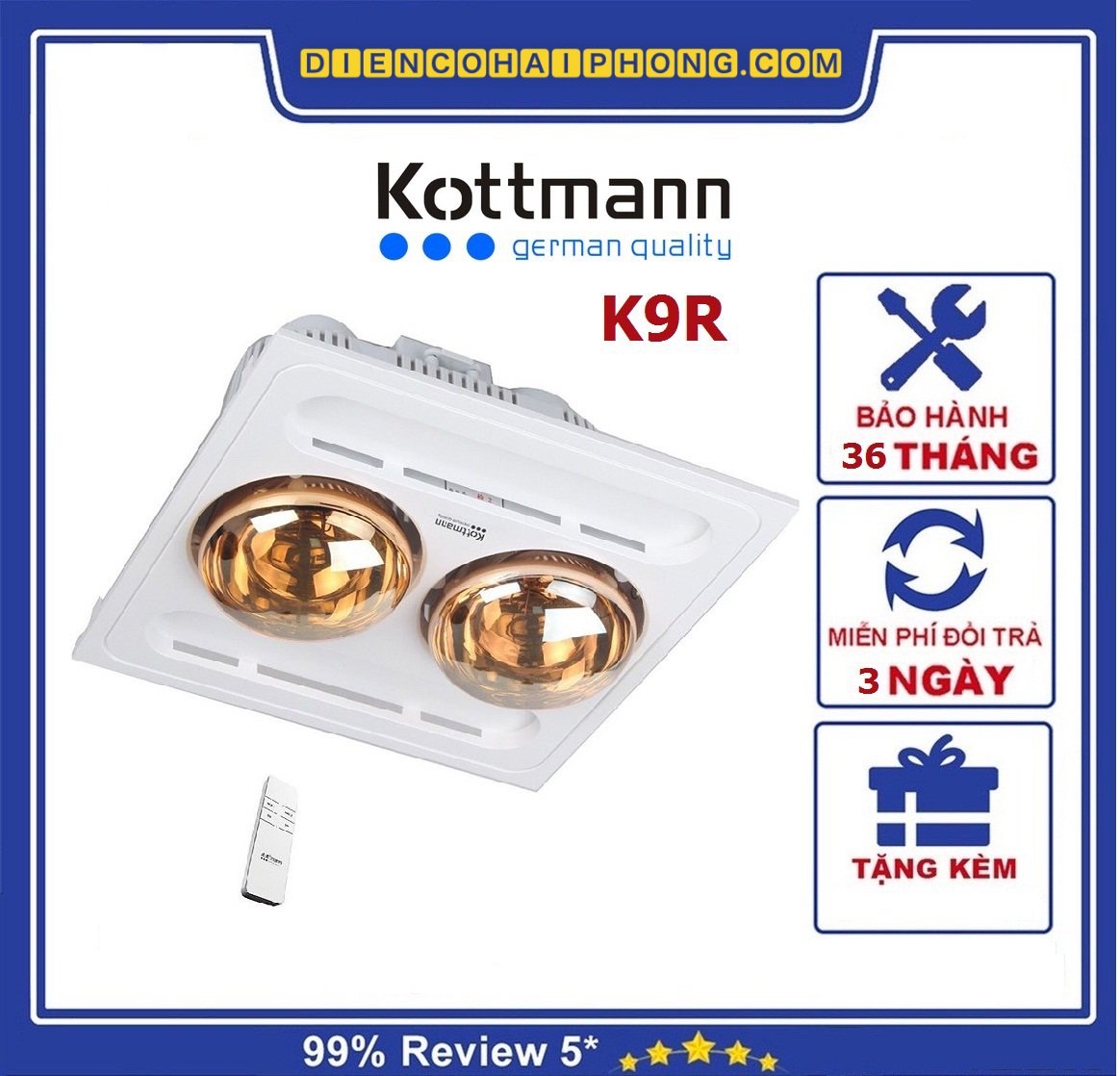 Đèn sưởi nhà tắm Kottmann 2 bóng âm trần K9R