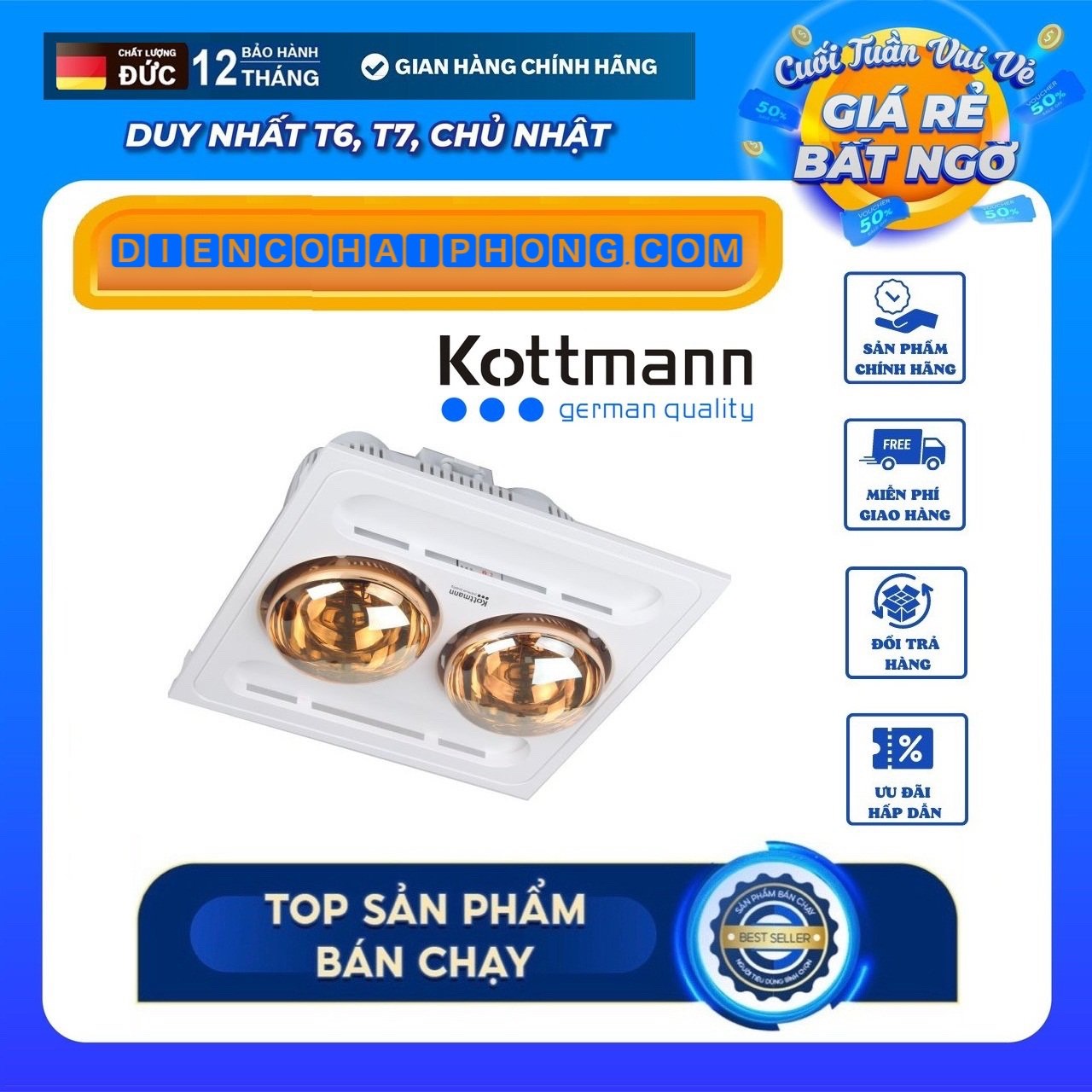 Đèn sưởi nhà tắm Kottmann 2 bóng âm trần K9-S