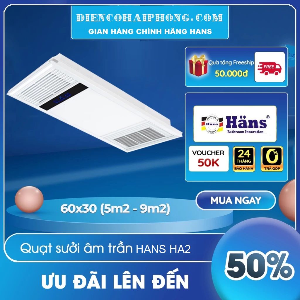 Quạt thổi nóng âm trần đa năng HANS tích hợp 4 chức năng HA2