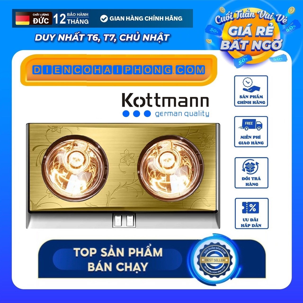 Đèn sưởi nhà tắm Kottmann 2 bóng vàng 550W K2B-G