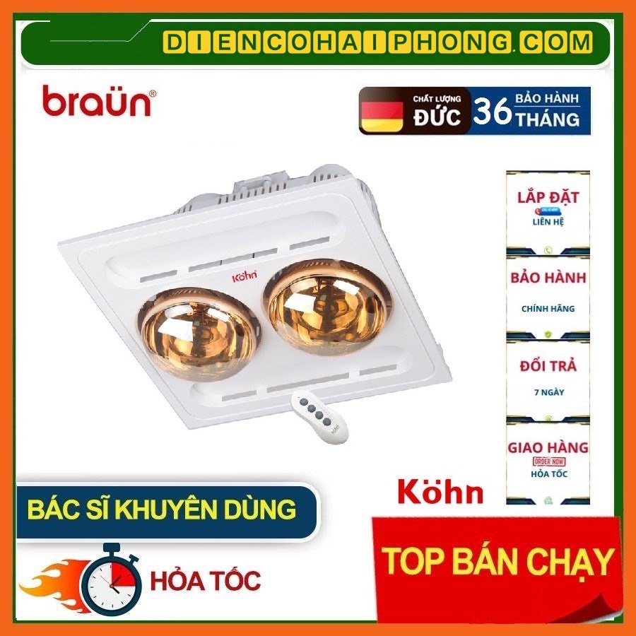 Đèn sưởi nhà tắm 2 bóng âm trần Braun Kohn BK03GR (Điều khiển từ xa)